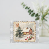 Vintage Christmas Cottage Postzegel Feestdagenkaart (Staand voorkant)
