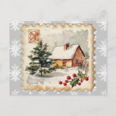 Vintage Christmas Cottage Postzegel Feestdagenkaart (Voorkant)