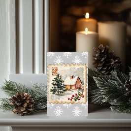 Vintage Christmas Cottage Postzegel Kaart