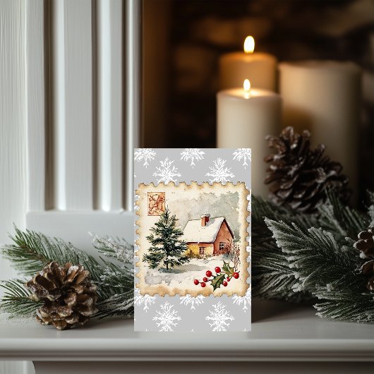 Vintage Christmas Cottage Postzegel Kaart