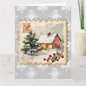 Vintage Christmas Cottage Postzegel Kaart (Voorkant)