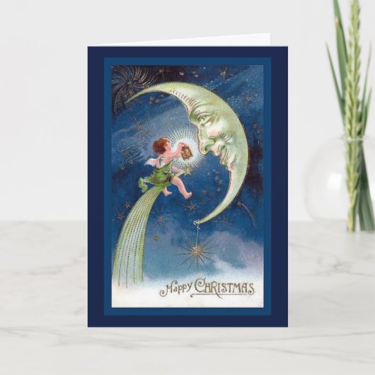 Vintage Christmas Crescent Moon w/cherub Holiday Kaart (Voorkant)