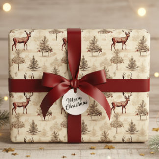 Vintage Christmas Deer and Tree Cadeaupapier