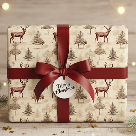 Vintage Christmas Deer and Tree Cadeaupapier