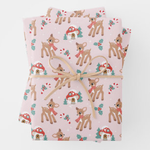 Vintage Christmas Deer en Mushroom huizen patroon Inpakpapier Vel