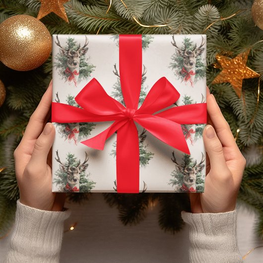 Vintage Christmas Deer & Red Bow | Wrapping Paper Cadeaupapier