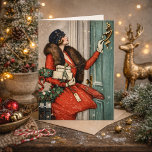 Vintage Christmas Doorstep Illustration Kaart<br><div class="desc">Celebrate the charm of a classic winter holiday with this beautiful vintage-style illustration featuring an elegant woman in a vibrant red coat delivering festive gifts. Holding a holly wreath and ringing a doorbell in the snow, this nostalgic scene captures the warmth and sophistication of early 20th-century holiday fashion and seasonal...</div>