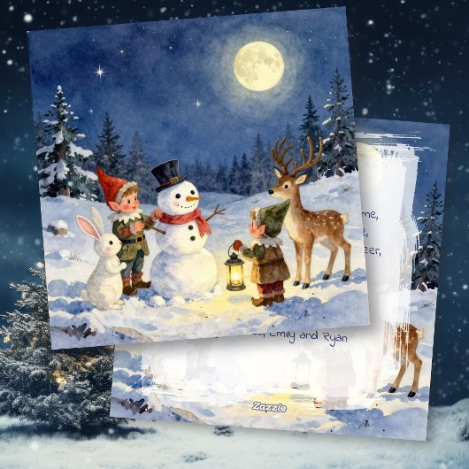 Vintage Christmas Elves and Snowman Personalized Feestdagenkaart