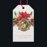 Vintage Christmas, Geboorte van Jezus Poinsettias Cadeaulabel<br><div class="desc">Voeg een vleugje heilige schoonheid toe aan uw kerstvieringen met onze op maat ontworpen servetten, met een vintage afbeelding van de Heilige Maagd Maria, Baby Jesus en St. Joseph perfect aangevuld met een feestelijke poinsettia bloemenspray. Of u nu een feestdag of een kleine bijeenkomst organiseert, deze cadeau-labels worden goed ontvangen...</div>