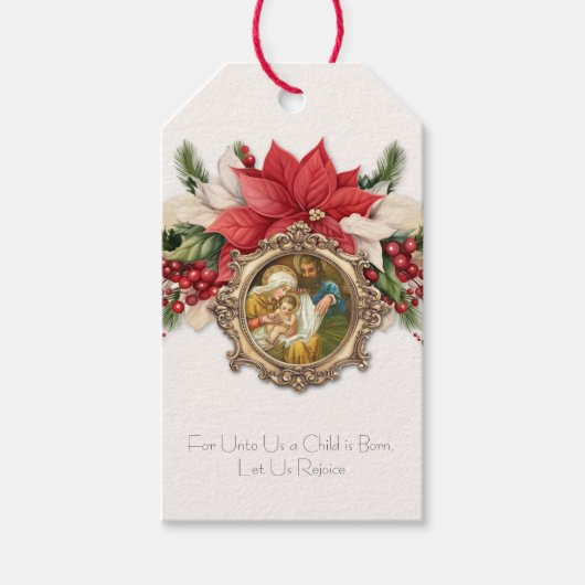 Vintage Christmas, Geboorte van Jezus Poinsettias Cadeaulabel (Voorkant)