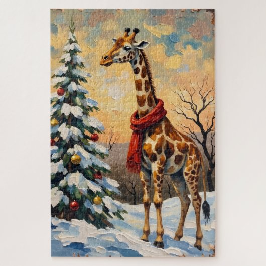 Vintage Christmas Giraffe in Snowy Savanna Legpuzzel (Verticaal)