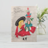 Vintage Christmas Girl Brengt Cadeaus Vakantie Kaa Feestdagenkaart (Staand voorkant)