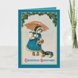 Vintage Christmas Girl en Pets Kaart