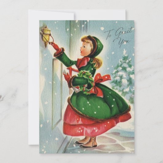 Vintage Christmas Girl komt je begroeten Feestdagenkaart (Voorkant)