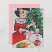 Vintage Christmas Girl Unwrapping Cadeau Feestdagenkaart (Voorkant / Achterkant)