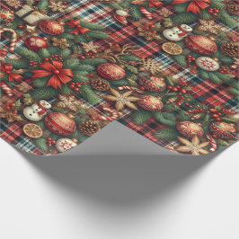 Vintage Christmas Greenery Botanische Plaid Patroo Cadeaupapier