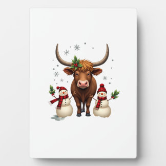 Vintage Christmas Highland Cow with Snowmen Red Pl Fotoplaat