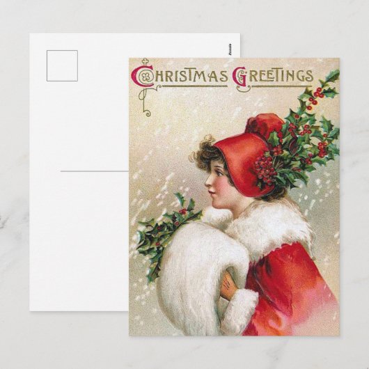 Vintage Christmas Holly Lady briefkaart (Voorkant / Achterkant)
