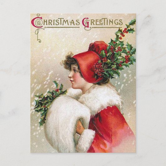 Vintage Christmas Holly Lady briefkaart (Voorkant)