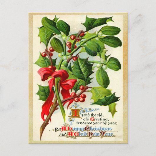 Vintage Christmas Holly Postcard Feestdagenkaart (Voorkant)