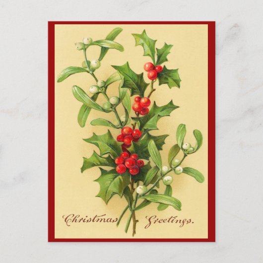Vintage Christmas Holly Postcard Feestdagenkaart (Voorkant)