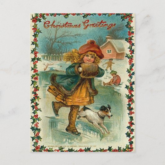 Vintage Christmas Ice Skating Postcard Feestdagenkaart (Voorkant)