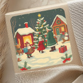 Vintage Christmas Illustration Vierkante Sticker