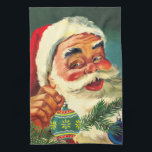 Vintage Christmas, Jolly Retro 50's Santa Claus Theedoek<br><div class="desc">illustratie Kerstvakantie afbeelding met een close-up van een vrolijke jaren 50 retro Kerstman glimlachen en het houden van glazen bol kerstversieringen met een traditionele retro ontwerp.</div>
