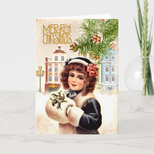 Vintage Christmas Kaart Meisje met bontmuf (Voorkant)