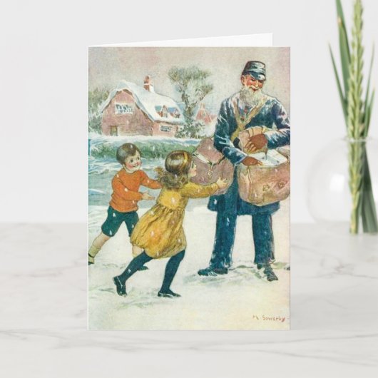 Vintage Christmas Kaart, Postman & kinder, Aanpass Feestdagen Kaart (Voorkant)