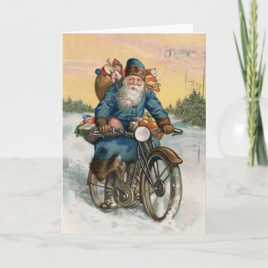 Vintage Christmas Kaart Santa Claus motorfiets (Voorkant)