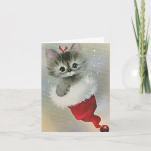 Vintage Christmas Kitten Cat in een Santa Hat Feestdagen Kaart