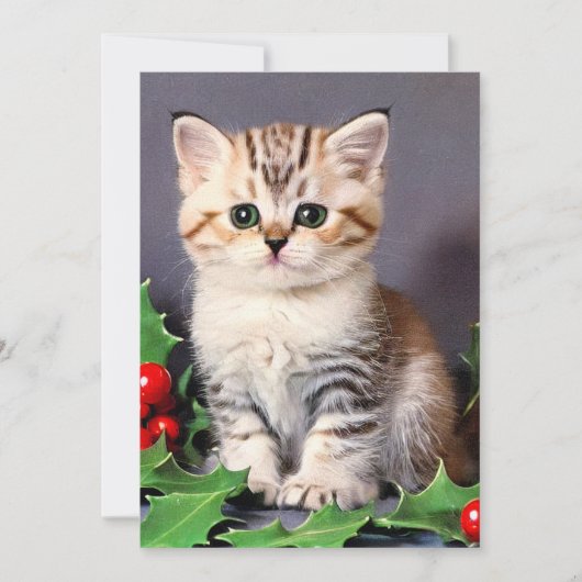Vintage Christmas Kitten en Holly Aankondiging (Voorkant)