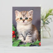 Vintage Christmas Kitten en Holly Aankondiging (Staand voorkant)