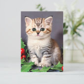 Vintage Christmas Kitten en Holly Bedankkaart (Staand voorkant)