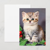 Vintage Christmas Kitten en Holly Bedankkaart (Voorkant / Achterkant)
