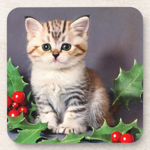 Vintage Christmas Kitten en Holly Bier Onderzetter