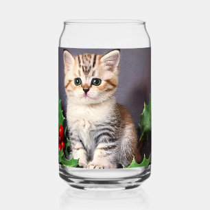 Vintage Christmas Kitten en Holly Blikvorm Glas