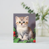 Vintage Christmas Kitten en Holly Feestdagenkaart (Staand voorkant)