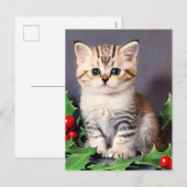 Vintage Christmas Kitten en Holly Feestdagenkaart (Voorkant / Achterkant)