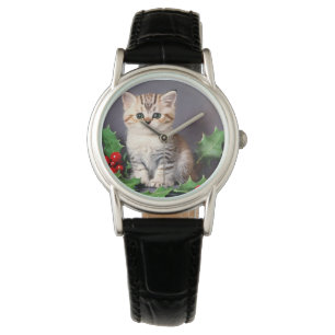 Vintage Christmas Kitten en Holly Horloge