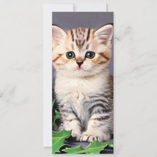 Vintage Christmas Kitten en Holly Kaart (Voorkant)