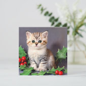 Vintage Christmas Kitten en Holly Kaart (Staand voorkant)