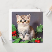 Vintage Christmas Kitten en Holly Kaart (Voorkant / Achterkant in situ)