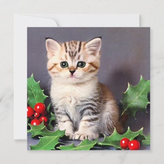 Vintage Christmas Kitten en Holly Kaart (Voorkant)