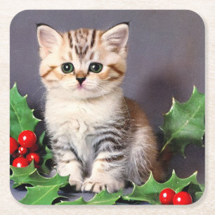 Vintage Christmas Kitten en Holly Kartonnen Onderzetters