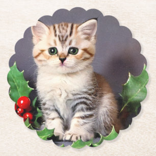 Vintage Christmas Kitten en Holly Kartonnen Onderzetters