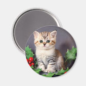 Vintage Christmas Kitten en Holly Magneet (Voorkant / Achterkant)