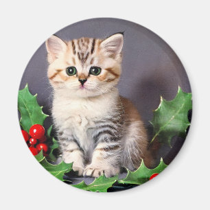 Vintage Christmas Kitten en Holly Magneet