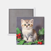 Vintage Christmas Kitten en Holly Magneet (Voorkant / Achterkant)